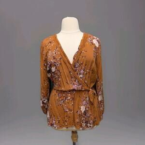 Maurices Gold Floral Faux Wrap Peplum Top Size1X Long Sleeve Elastic Waist